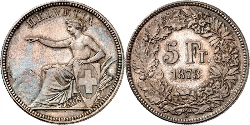 Confédération
5 Francs 1873 B, Berne. Helvetia assise à gauche sur un fond de m...