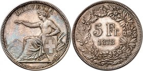 Confédération
5 Francs 1873 B, Berne. Helvetia assise à gauche sur un fond de montagnes / Valeur et date dans une couronne de chêne et de rhododendro...