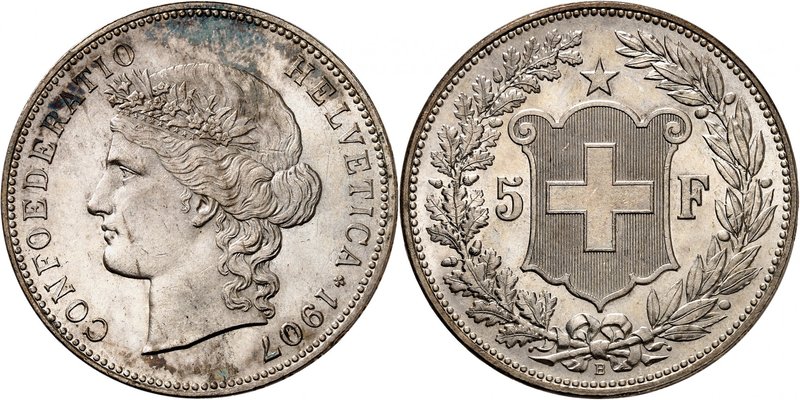 Confédération
5 Francs 1907 B, Berne. Tête féminine à gauche / Ecu flanqué de l...