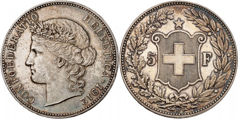 Confédération
5 Francs 1912 B, Berne. Tête féminine à gauche / Ecu flanqué de l...