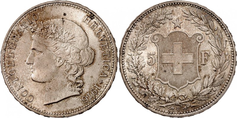 Confédération
5 Francs 1916 B, Berne. Tête féminine à gauche / Ecu flanqué de l...