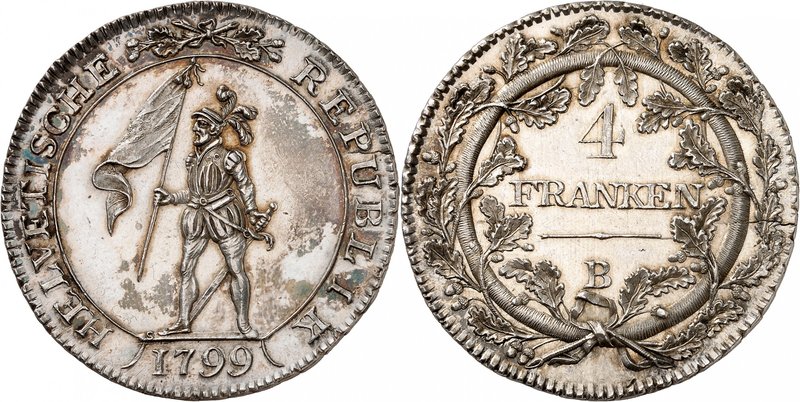 République Helvétique
4 Franken 1799 B, Berne. Guerrier debout à gauche, tenant...