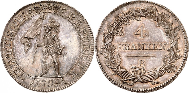 République Helvétique
4 Franken 1799 B, Berne. Guerrier debout à gauche, tenant...