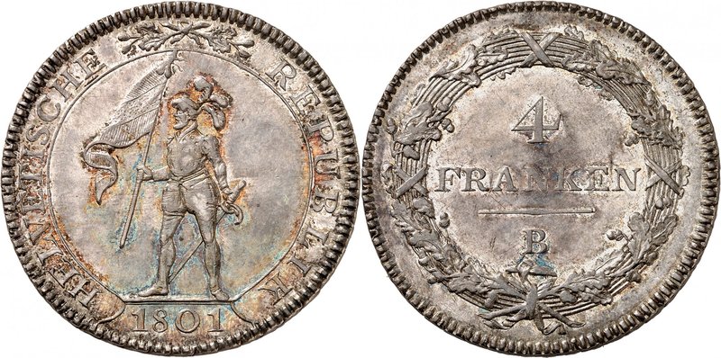 République Helvétique
4 Francs 1801 B, Berne. Guerrier debout à gauche, tenant ...