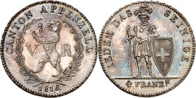 Appenzell-Rhodes Extérieures
4 Franken 1816. Ours debout à gauche dans une couronne de laurier. Date à l'exergue / Guerrier debout de face. Valeur à ...