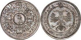 Bâle
Double taler non daté (vers 1640), Bâle. Armoiries de Bâle entourées de huit petits écussons / Aigle bicéphale de face, les ailes éployées. 57,4...