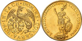 Bâle
10 Ducats non daté (vers 1728), Bâle. Basilic tenant les armoiries de Bâle / Plancus debout à gauche, coiffé d'un casque orné d'un basilic. Tran...