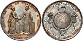 Bâle
Médaille en argent commémorant l'inauguration de la voie ferrée entre Bâle et Strasbourg en 1838, par Barre, Paris. Bâle et Strasbourg se serran...