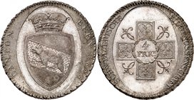 Berne
Taler (4 Franken) 1826, Berne. ESSAI en ARGENT. Ecu couronné dans un cartouche ovale / Croix portant la valeur en cœur. 29,40g. Dav. 371; D.T. ...