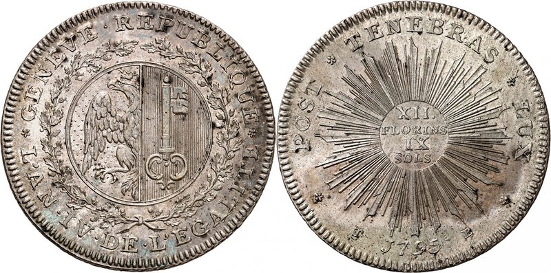 Genève
12 Florins et 9 Sols 1795 T-B, Genève. Armoiries circulaires de Genève d...