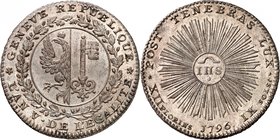 Genève
12 Florins et 9 Sols 1796, Genève. Armoiries circulaires de Genève dans une couronne de chêne / Monogramme IHS dans un soleil rayonnant. Date ...