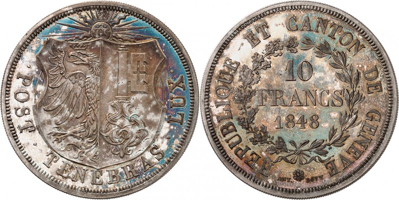 Genève
10 Francs 1848, Genève. Armoiries de Genève surmontées d'un soleil rayon...