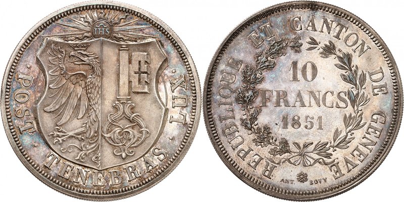 Genève
10 Francs 1851, Genève. Armoiries de Genève surmontées d'un soleil rayon...