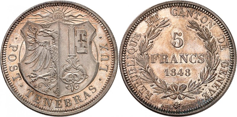 Genève
5 Francs 1848, Genève. Armoiries de Genève surmontées d'un soleil rayonn...
