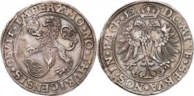 Zurich
Taler 1559, Zurich. Lion debout à gauche, tenant un globe impérial et un écu / Aigle bicéphale d'empire couronnée. 28,43g. HMZ 2-1123j.
Très ...