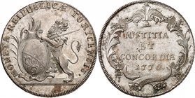 Zurich
Taler 1776, Zurich. Lion debout à gauche, la tête à droite, tenant une épée et un écu / Inscription et date sur quatre lignes dans un cartouch...