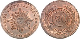 République. 
20 Centesimos 1844, Montevideo. Soleil rayonnant / Valeur dans une couronne végétale. KM 2.2. 
PCGS MS66RB. Une monnaie splendide.