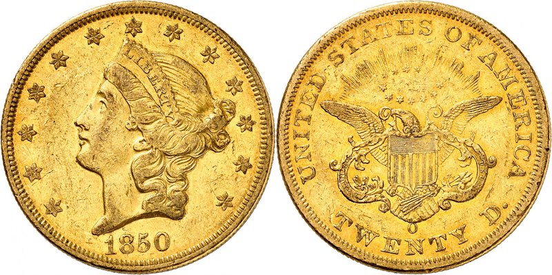 20 Dollars "Coronet Head" 1850 O, New Orleans. Tête de la Liberté à gauche, ento...