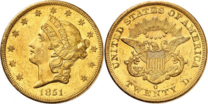 20 Dollars "Coronet Head" 1851 O, New Orleans. Comme précédemment. 33,46g. Fr. 1...