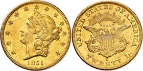 20 Dollars "Coronet Head" 1851 O, New Orleans. Comme précédemment. 33,46g. Fr. 171.
Très bel exemplaire.