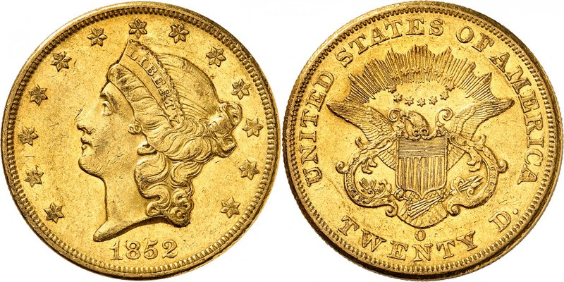20 Dollars "Coronet Head" 1852 O, New Orleans. Comme précédemment. 33,37g. Fr. 1...