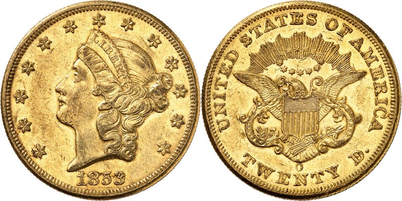 20 Dollars "Coronet Head" 1853 O, New Orleans. Comme précédemment. 33,40g. Fr. 1...