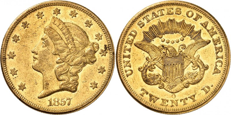 20 Dollars "Coronet Head" 1857 O, New Orleans. Comme précédemment. 33,38g. Fr. 1...