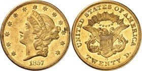 20 Dollars "Coronet Head" 1857 O, New Orleans. Comme précédemment. 33,38g. Fr. 171.
Rare. Très beau.