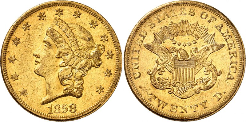 20 Dollars "Coronet Head" 1858 O, New Orleans. Comme précédemment. 33,36g. Fr. 1...