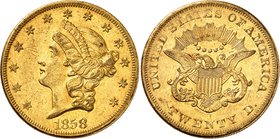 20 Dollars "Coronet Head" 1858 O, New Orleans. Comme précédemment. 33,36g. Fr. 171.
Rare. Très beau.