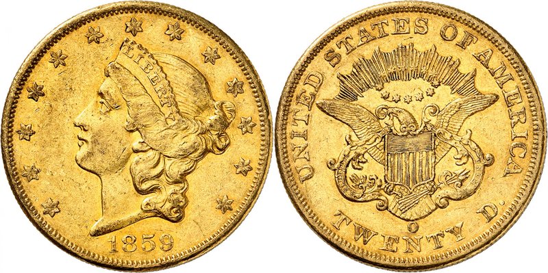20 Dollars "Coronet Head" 1859 O, New Orleans. Comme précédemment. 33,39g. Fr. 1...