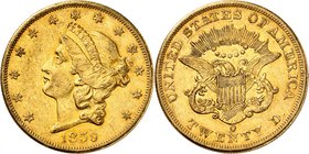 20 Dollars "Coronet Head" 1859 O, New Orleans. Comme précédemment. 33,39g. Fr. 171.
Très rare. Très beau.