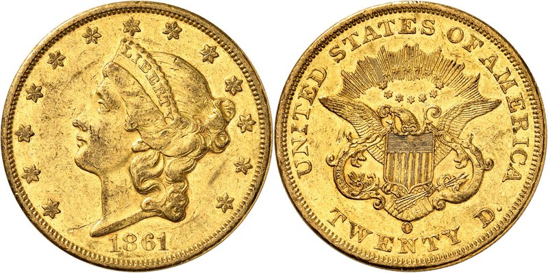 20 Dollars "Coronet Head" 1861 O, New Orleans. Comme précédemment. 33,41g. Fr. 1...