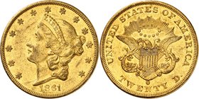 20 Dollars "Coronet Head" 1861 O, New Orleans. Comme précédemment. 33,41g. Fr. 171.
Très rare. Très beau.