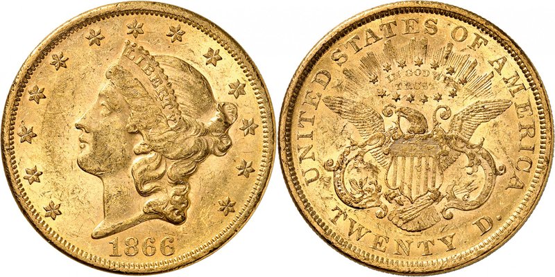 20 Dollars "Coronet Head" 1866. Tête de la Liberté à gauche, entourée de treize ...