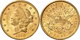 20 Dollars "Coronet Head" 1866. Tête de la Liberté à gauche, entourée de treize étoiles. Date en dessous / Ecusson sur une aigle aux ailes éployées. A...