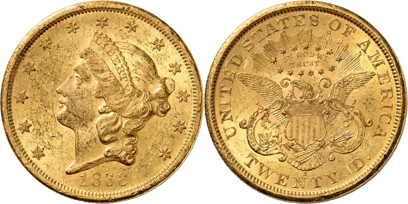 20 Dollars "Coronet Head" 1866 S, San Francisco. Comme précédemment. 33,41g. Fr....
