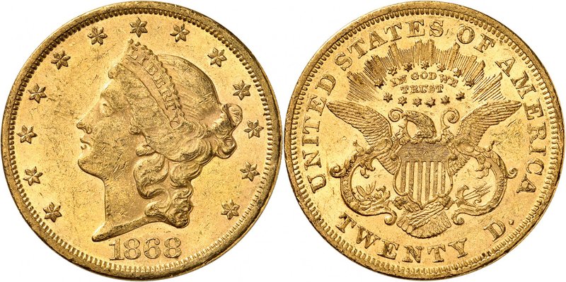 20 Dollars "Coronet Head" 1868. Comme précédemment. 33,43g. Fr. 174.
Très bel e...