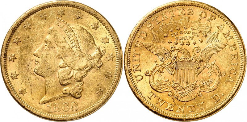 20 Dollars "Coronet Head" 1868 S, San Francisco. Comme précédemment. 33,43g. Fr....