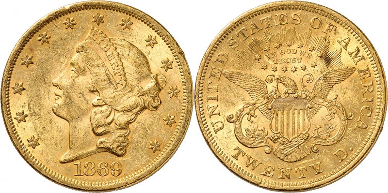 20 Dollars "Coronet Head" 1869. Comme précédemment. 33,44g. Fr. 174.
Très bel e...