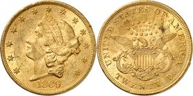 20 Dollars "Coronet Head" 1869. Comme précédemment. 33,44g. Fr. 174.
Très bel exemplaire.