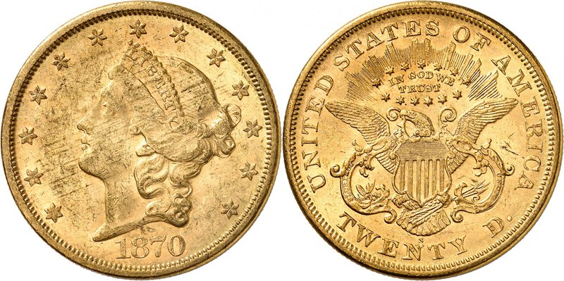 20 Dollars "Coronet Head" 1870 S, San Francisco. Comme précédemment. 33,43g. Fr....