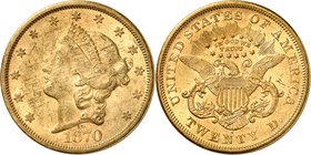 20 Dollars "Coronet Head" 1870 S, San Francisco. Comme précédemment. 33,43g. Fr. 175.
Très bel exemplaire.