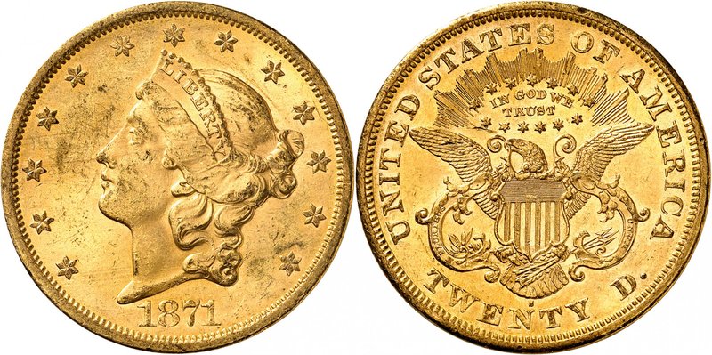 20 Dollars "Coronet Head" 1871 S, San Francisco. Comme précédemment. 33,41g. Fr....
