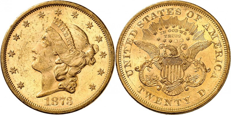 20 Dollars "Coronet Head" 1873 S, San Francisco. Variété avec le chiffre 3 fermé...