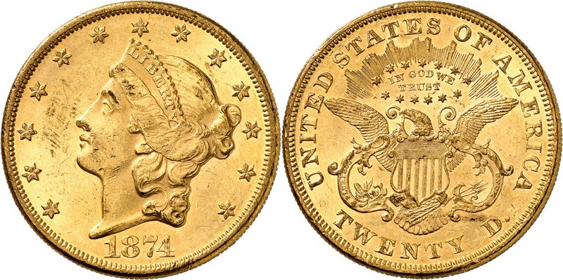 20 Dollars "Coronet Head" 1874. Comme précédemment. 33,42g. Fr. 174.
Petites ma...