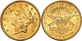 20 Dollars "Coronet Head" 1875 S, San Francisco. Comme précédemment. 33,43g. Fr. 175.
Petites marques de contact, sinon Superbe.