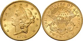 20 Dollars "Coronet Head" 1876 S, San Francisco. Comme précédemment. 33,44g. Fr. 175.
Petites marques dans le champ, sinon Superbe.