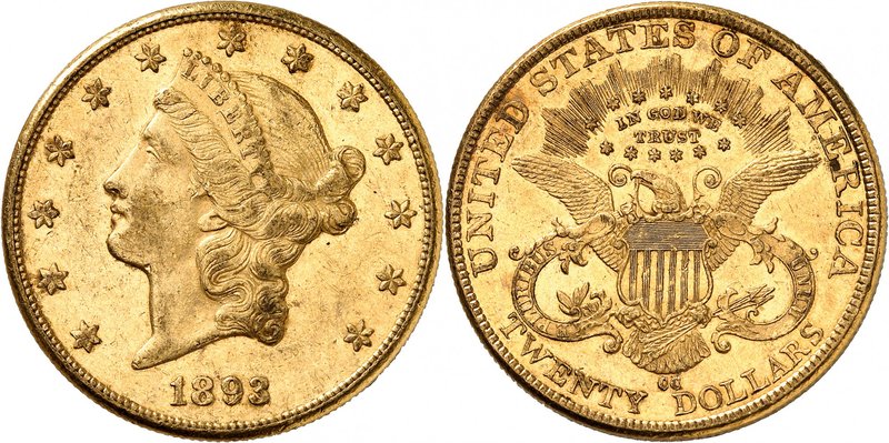 20 Dollars "Coronet Head" 1893 CC, Carson City. Comme précédemment. 33,41g. Fr. ...