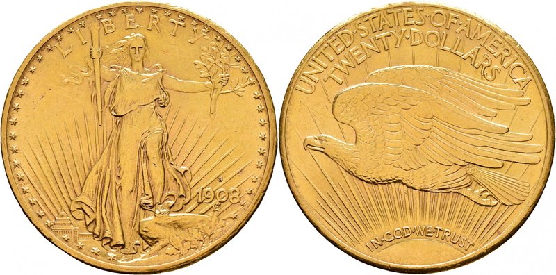 20 dollars "Saint-Gaudens" 1908 S, San Francisco. Liberté avançant de face sur u...